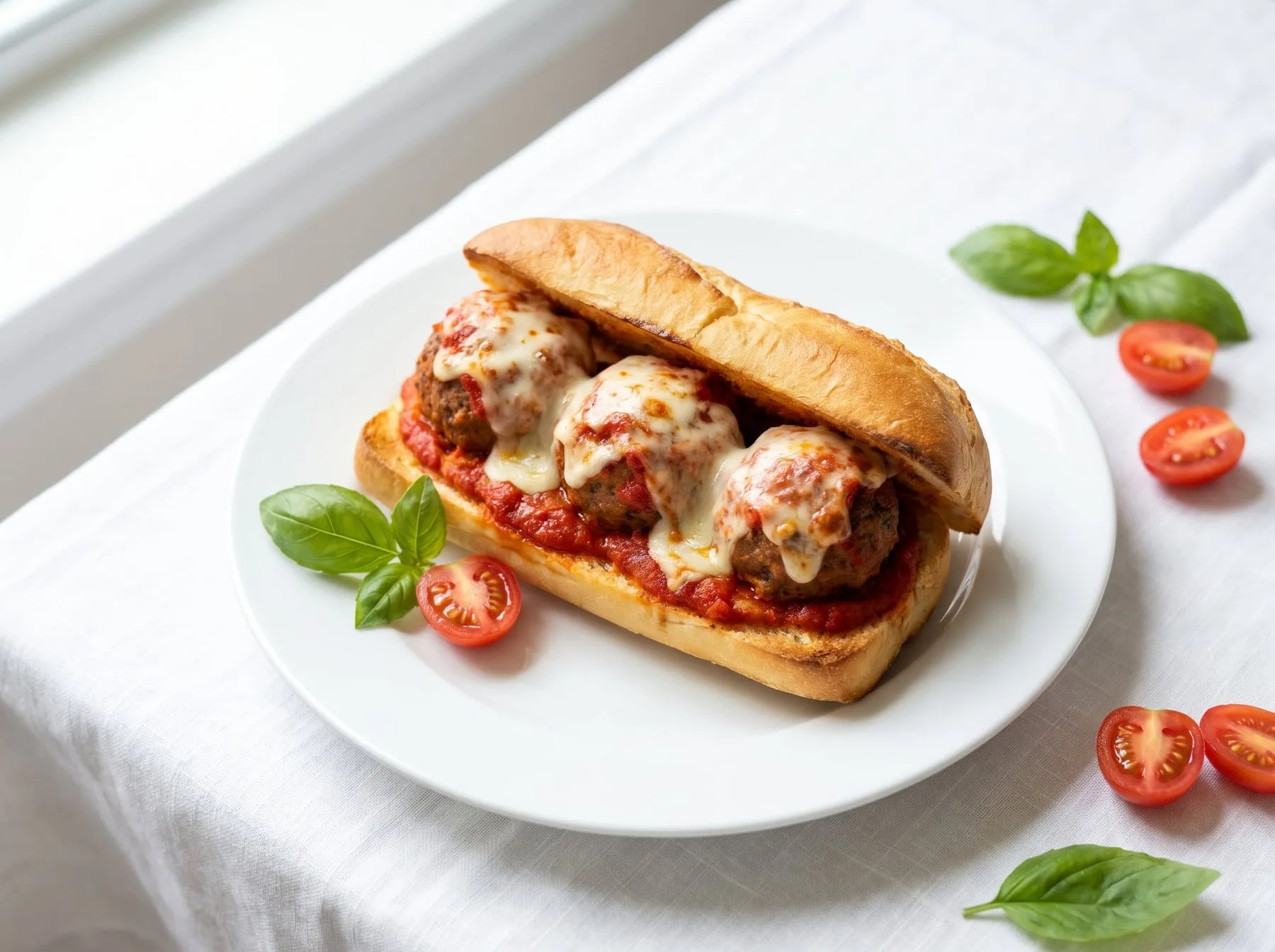 A meatball parmigiana hero on a white plate