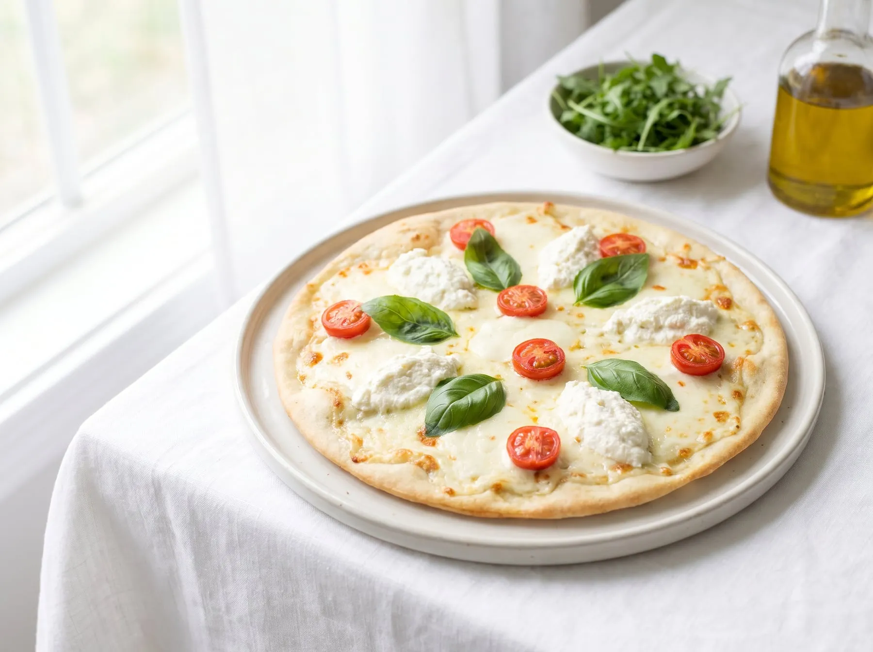 A white pizza with ricotta and no tomato sauce