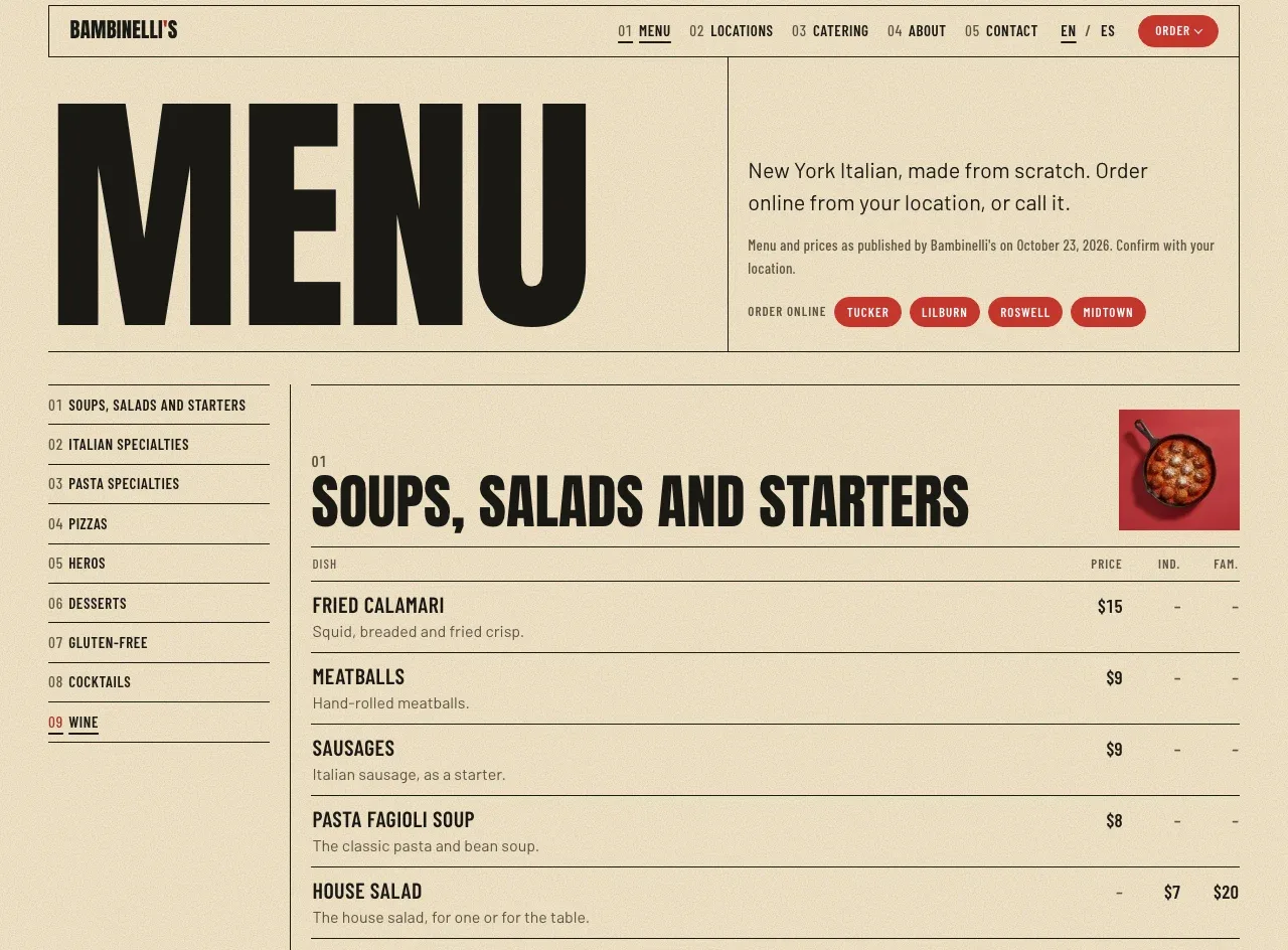 The live poster menu page: a giant MENU, the order buttons for the four locations, the numbered categories and the first priced dishes