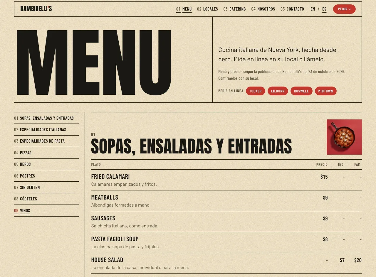 La página del menú del cartel: un MENÚ gigante, los botones para pedir en los cuatro locales, las categorías numeradas y los primeros platos con precio